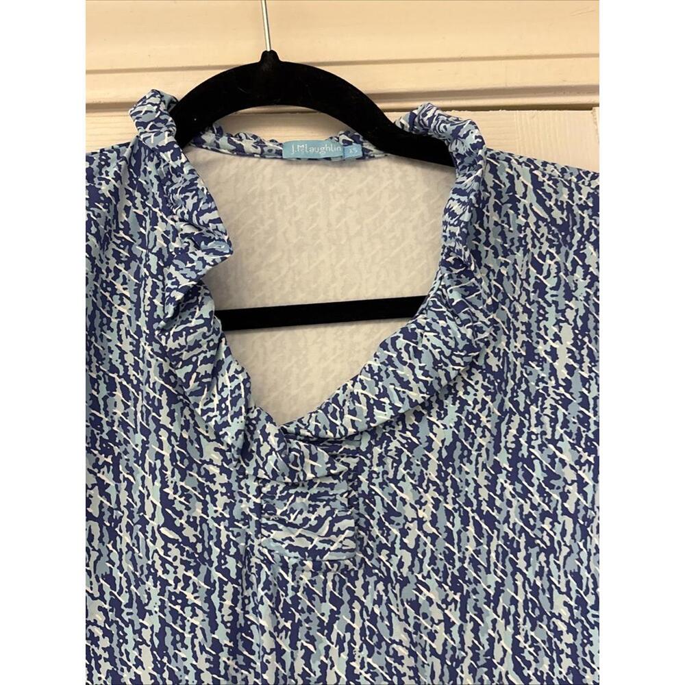 J Mclaughlin XS Blue Patterned Ruffle Neck 3/4 Sleeve Top - Picture 7 of 8